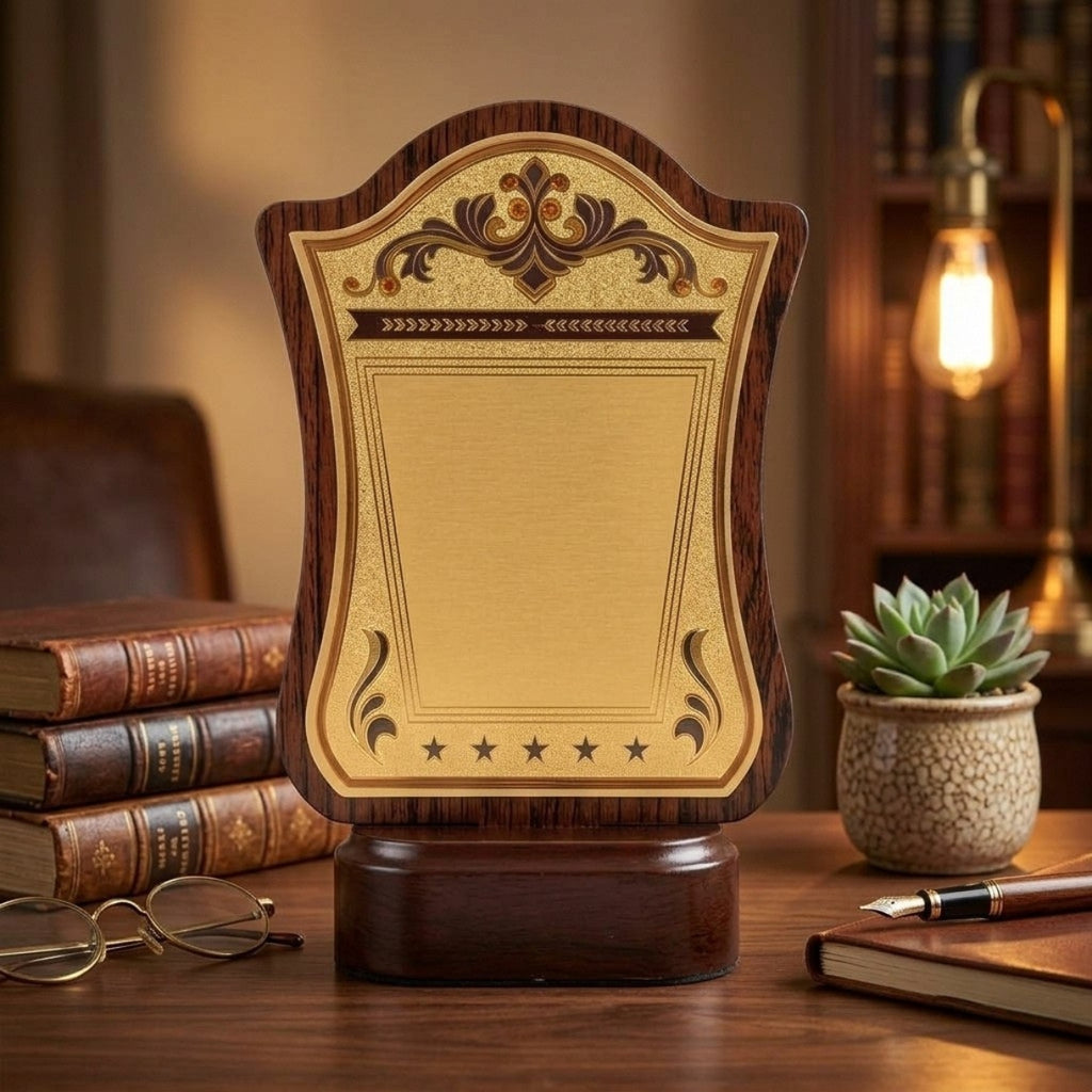 Executive Fiber Memento Shield with Rich Wood-Grain Finish and Custom Engraving Plate M-622