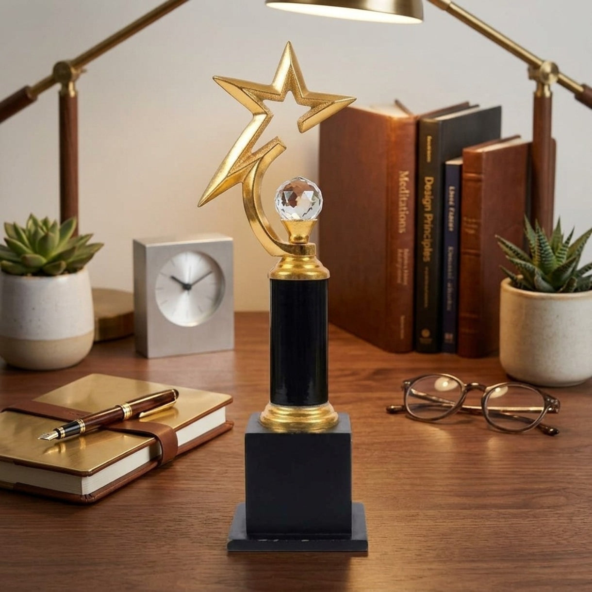 Premium Golden Star Metal Memento | Elegant Crystal Ball & Black Pillar Trophy Award M-218