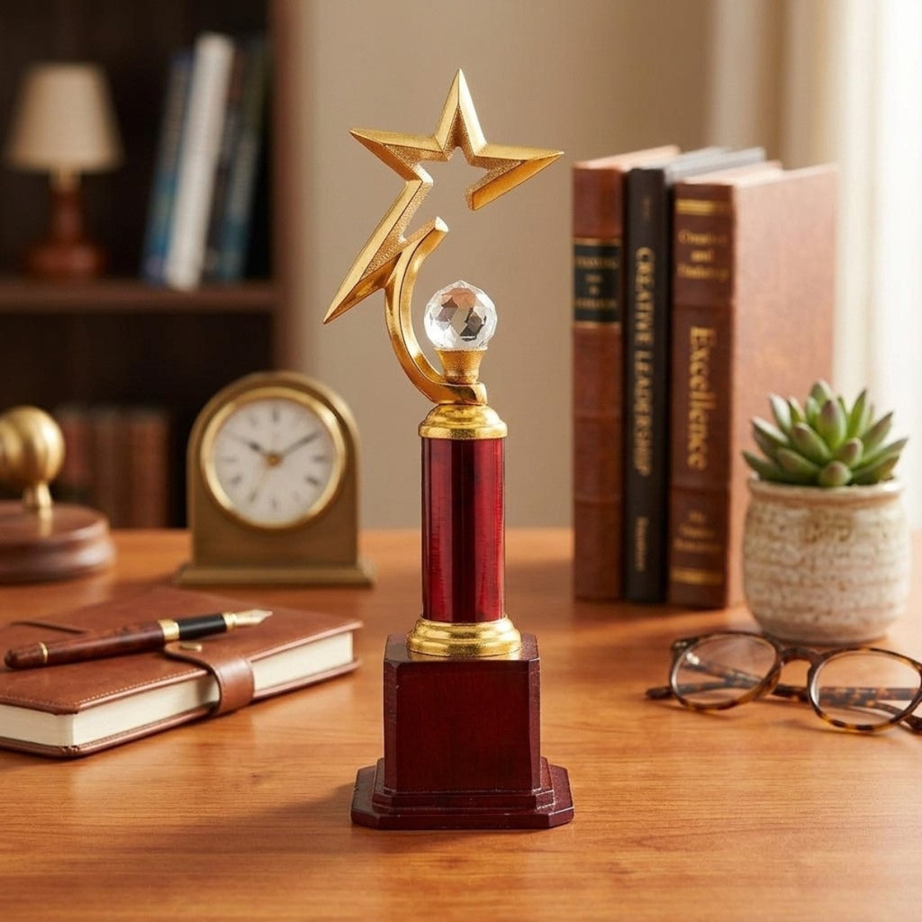 Elite Gold Star Trophy Award – Red Column & Wooden Base Memento M-218