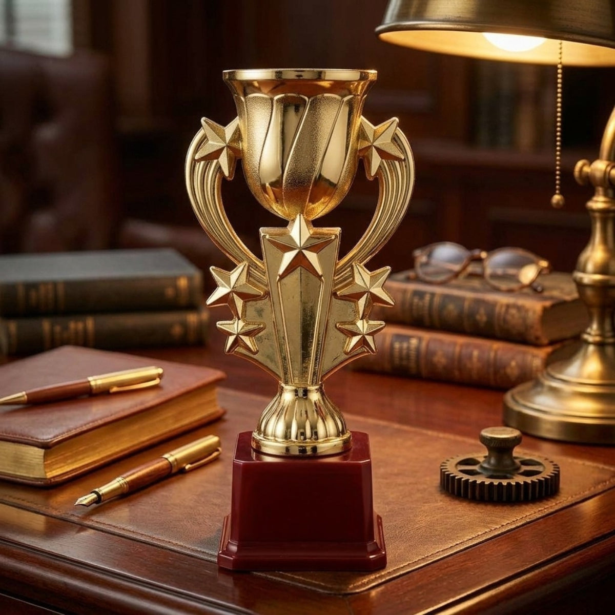 Premium Golden Fiber Star Trophy Cup with Red Pedestal Base M-8