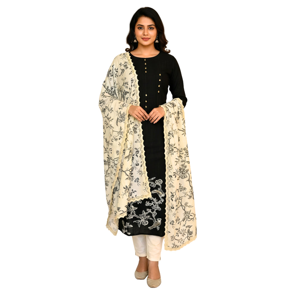CraftEarth Women's Black Cotton Suit Set with White Pant & Dupatta K- D164