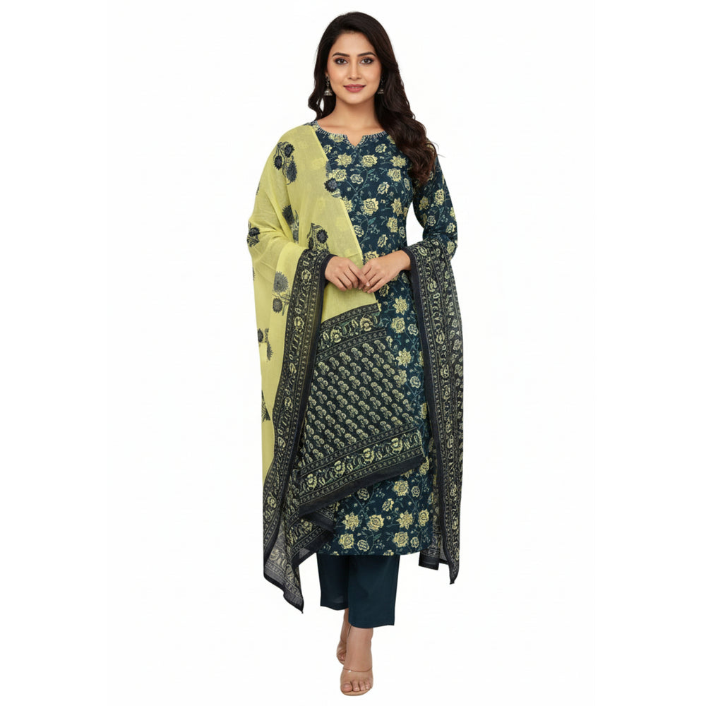 CraftEarth Women’s Blue Straight Cotton Kurta Suit Set with Dupatta K-D184
