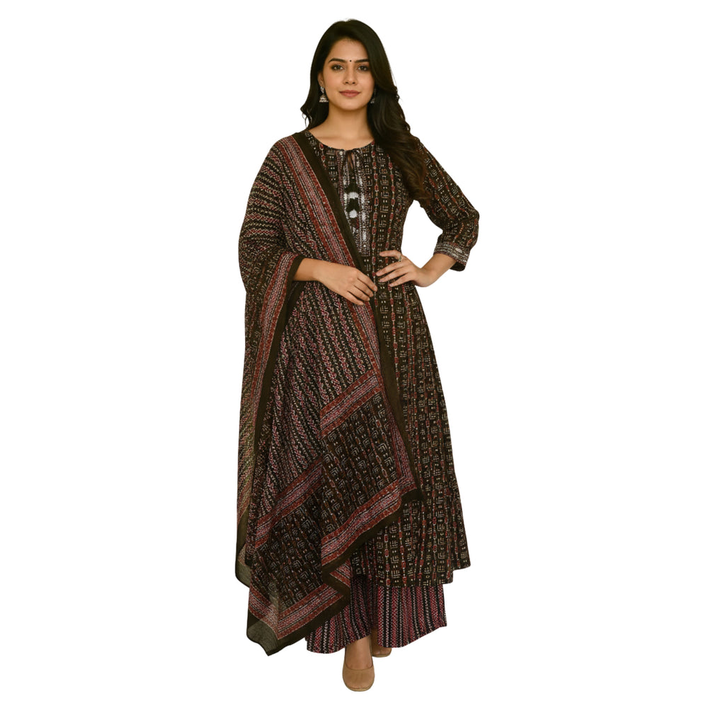 CraftEarth Hand Block Printed Anarkali Suit Sets with Dupatta for women K-D182