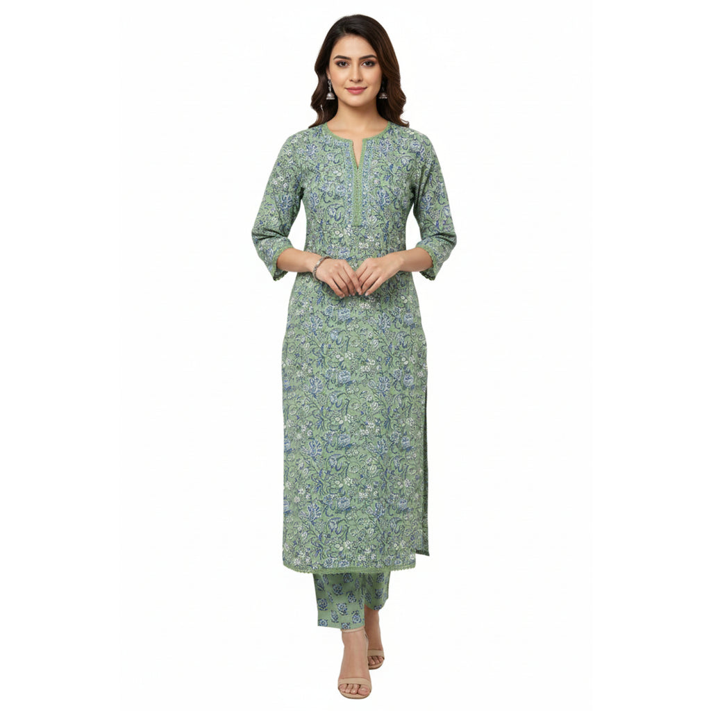 CraftEarth Women's Floral Printed Cotton Straight Kurta Suit Set K-D189