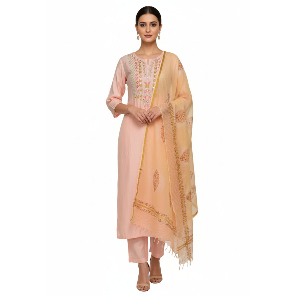CraftEarth Peach Cotton Suit Set with Dupatta for Women K-D133