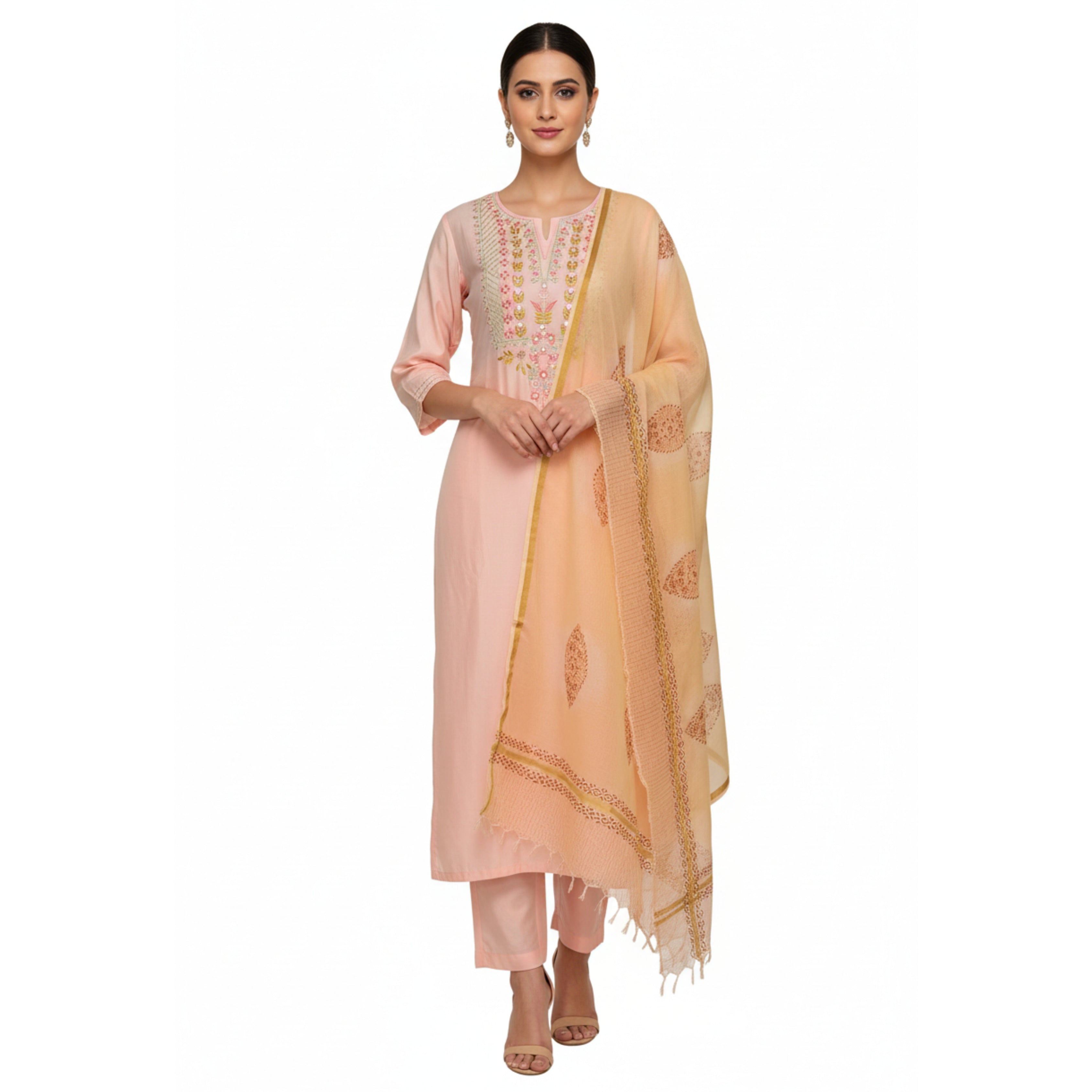 CraftEarth Peach Cotton Suit Set with Dupatta for Women K-D133