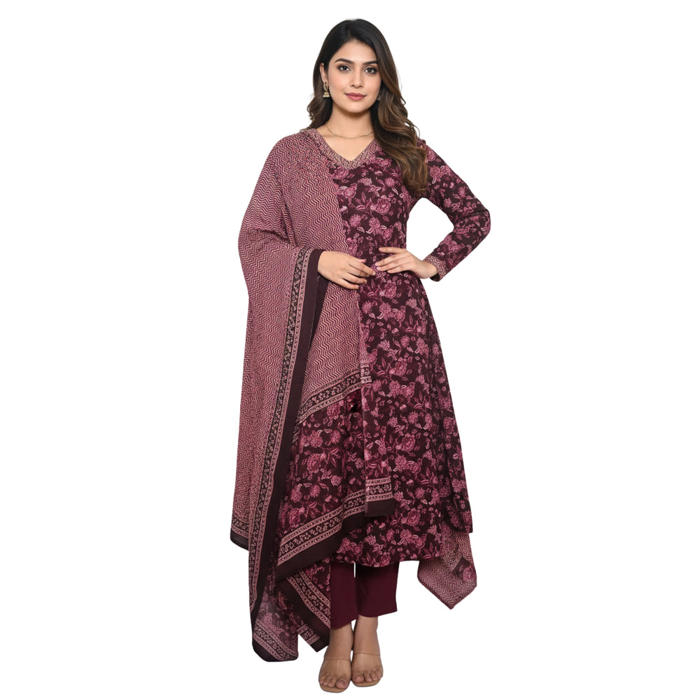 CraftEarth Women's Floral Printed Anarkali Suit Sets with Pant & Dupatta K-D195