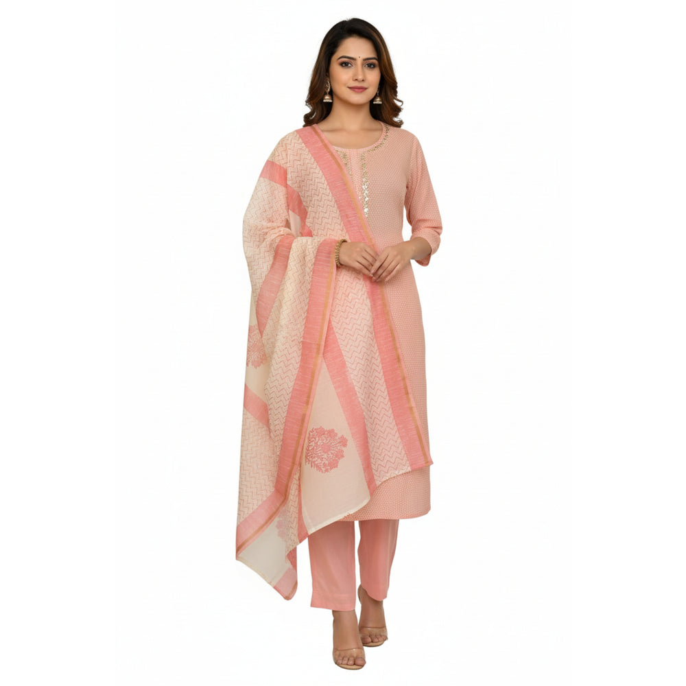CraftEarth Ethnic Peach Cotton Suit Set with Dupatta for Women K-D178