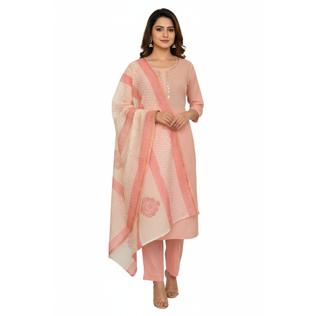 CraftEarth Ethnic Peach Cotton Suit Set with Dupatta for Women K-D178