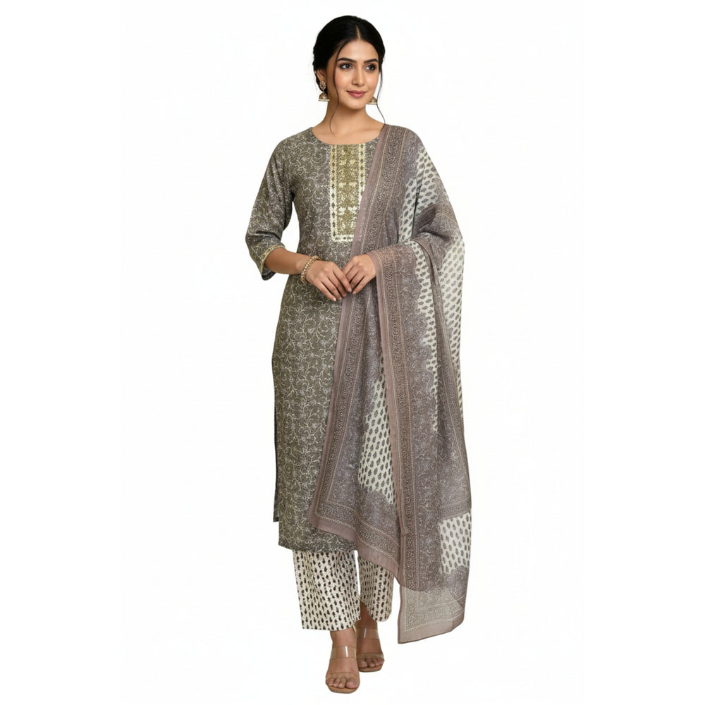 CraftEarth Women's Grey Floral Printed Cotton Suit Set with Dupatta K-D166