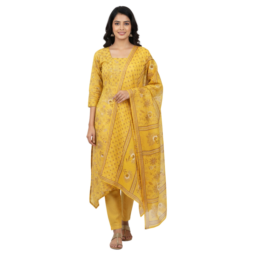 CraftEarth Yellow Floral Printed Suit Set for women K-D177