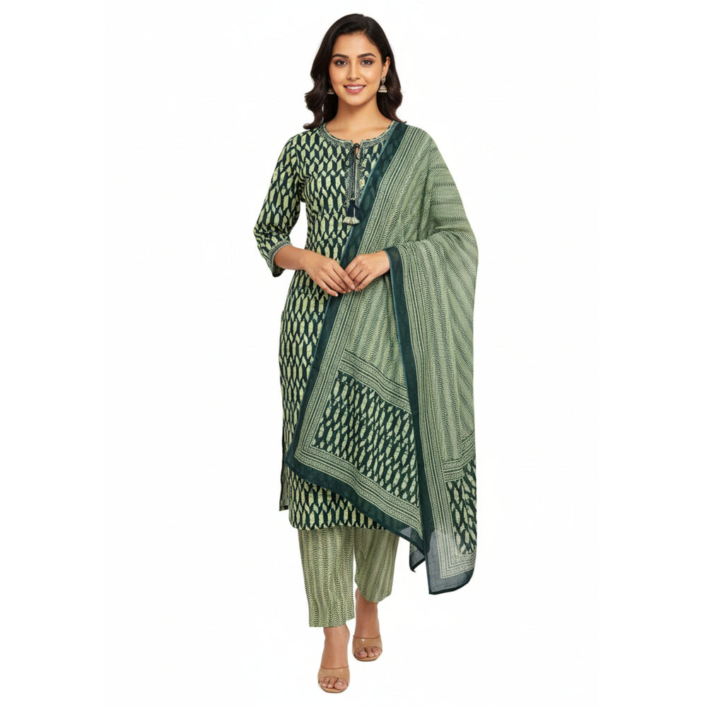 CraftEarth Women's Dark Green Printed Cotton Suit Set with Dupatta K-D185