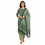 CraftEarth Women's Dark Green Printed Cotton Suit Set with Dupatta K-D185