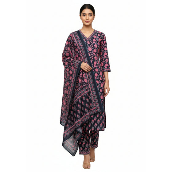 CraftEarth Women’s Navy Blue Cotton Pink floral Printed Suit Set with Dupatta K-D176