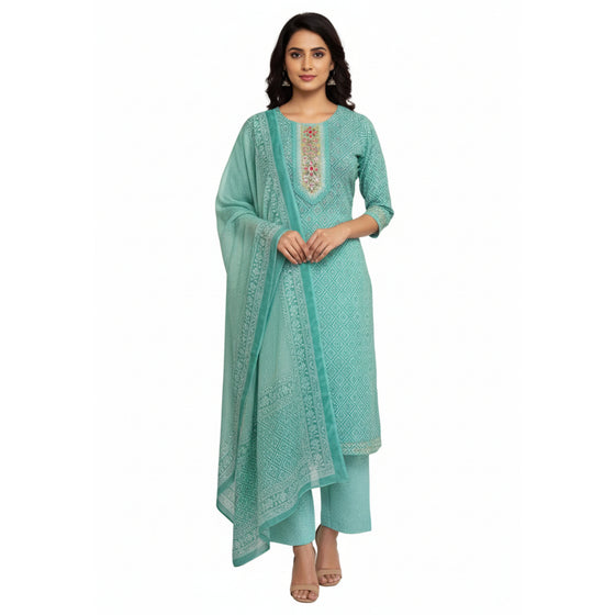 CraftEarth Women's Sea Green Readymade Suit Set with Matching Dupatta K-D186