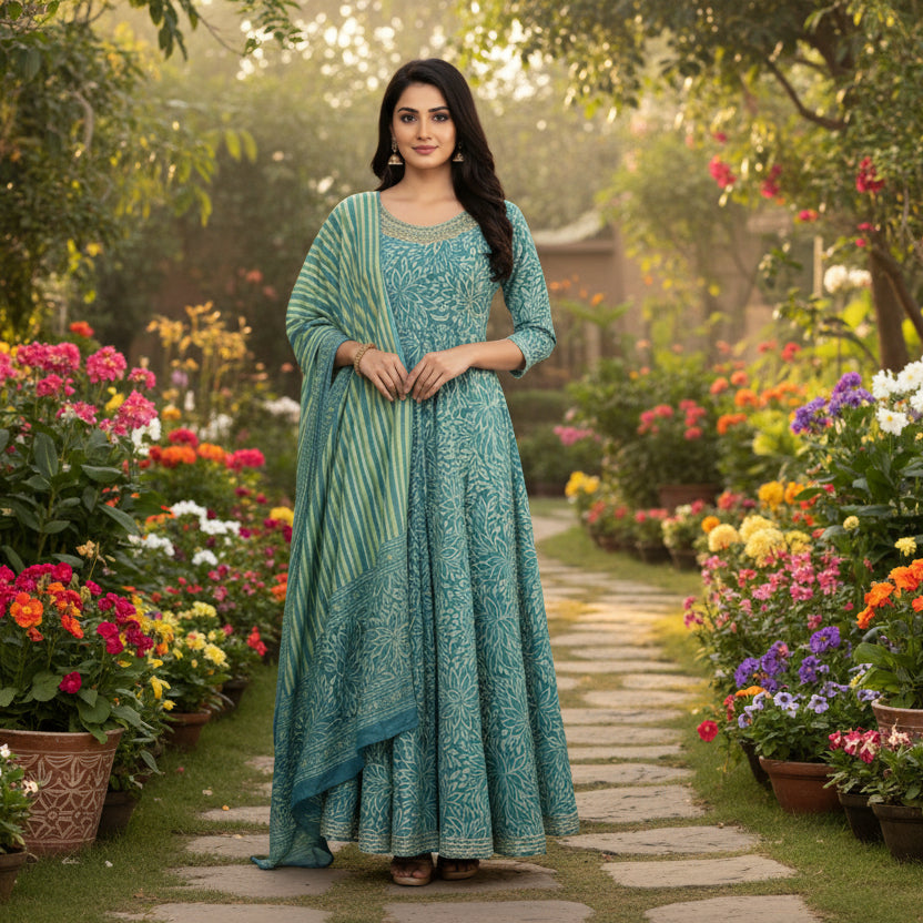 CraftEarth Blue Floral Anarkali Suit Sets for women K-D153