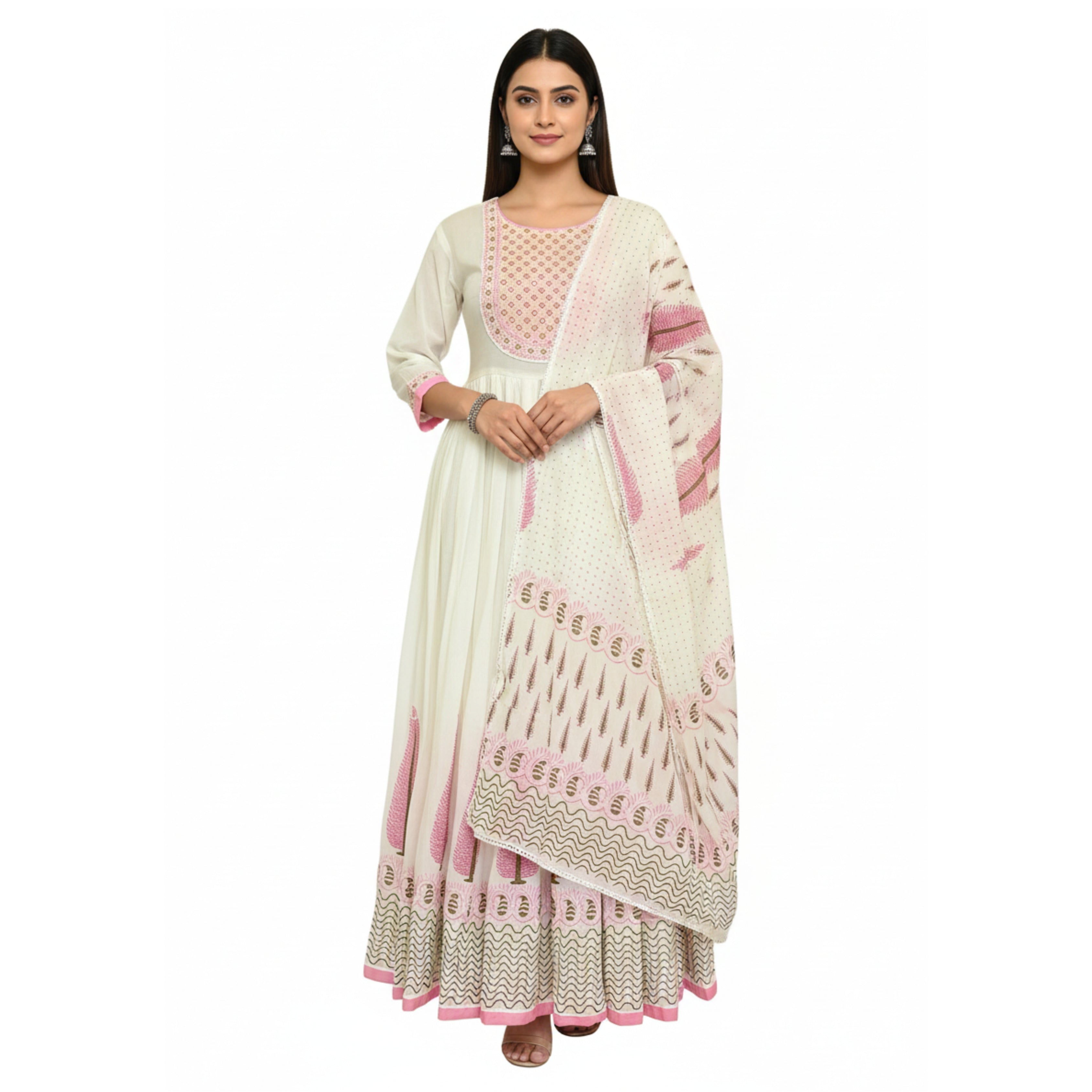 CraftEarth Women's Cotton White Anarkali Suit Set with Dupatta K-D174