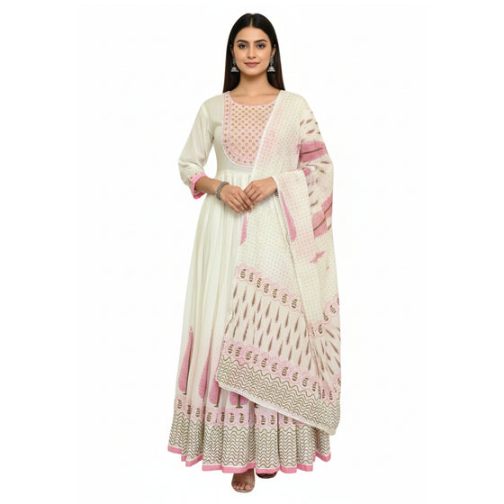 CraftEarth Women's Cotton White Anarkali Suit Set with Dupatta K-D174