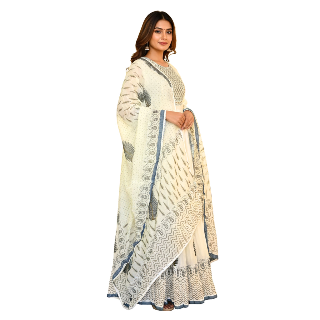 CraftEarth White Feather Print Anarkali Suit Set with Dupatta for Women K-D173