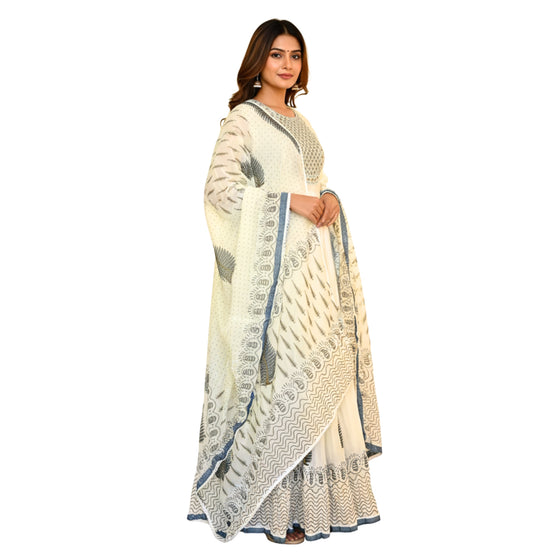 CraftEarth White Feather Print Anarkali Suit Set with Dupatta for Women K-D173