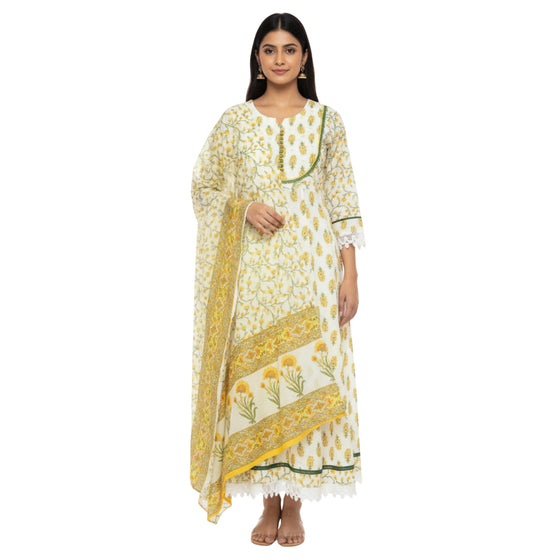 CraftEarth White Anarkali Cotton Suit Set with Dupatta K-D138