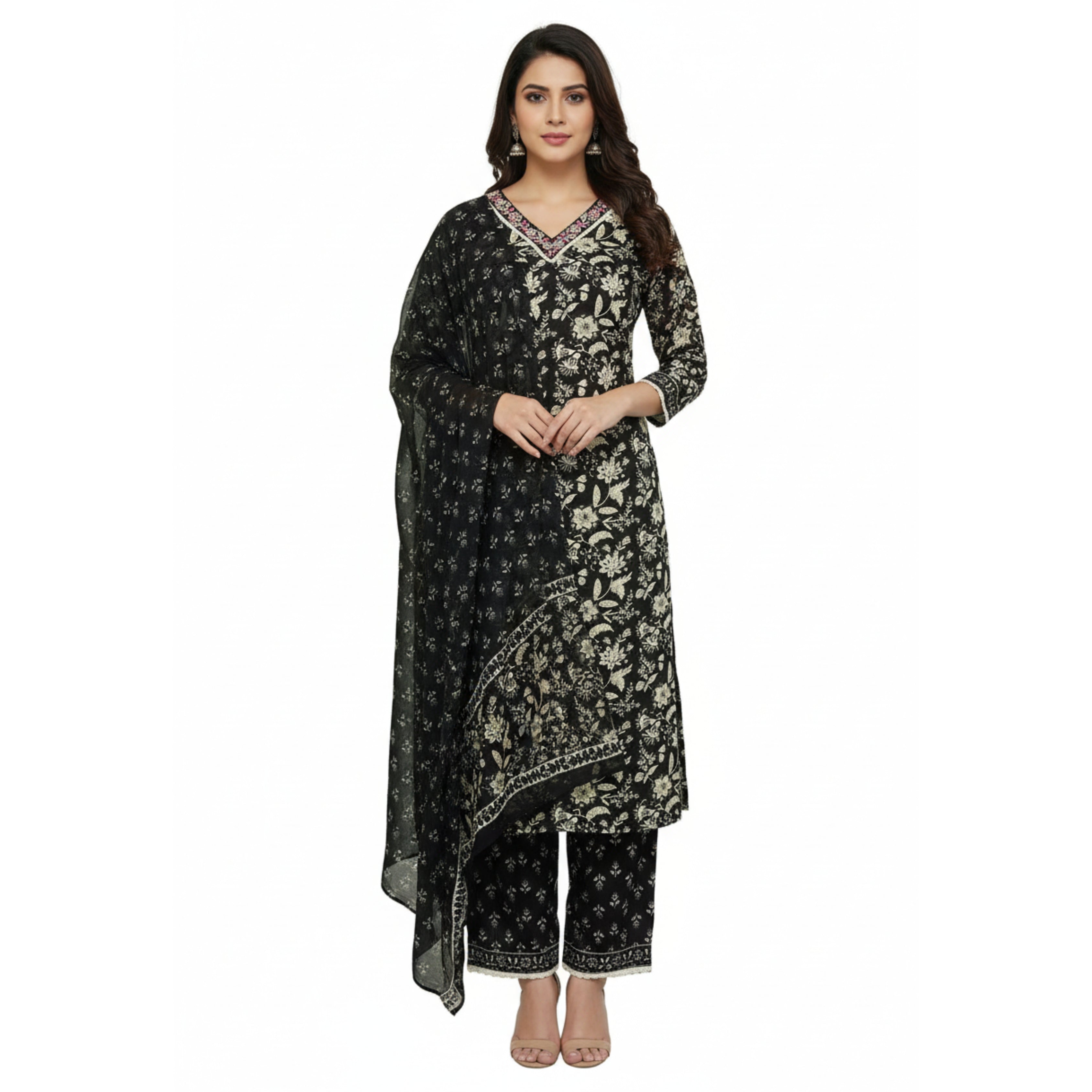 CraftEarth Women's Traditional Black Salwar Suit Set with Dupatta K-D134