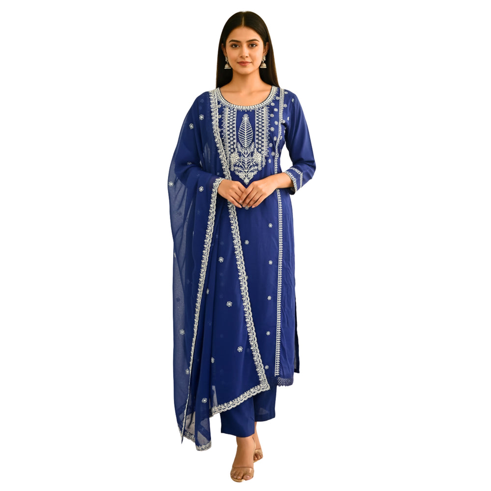 CraftEarth Women's Beautiful Royal Blue Embroidered Suit Set with Dupatta K-D147