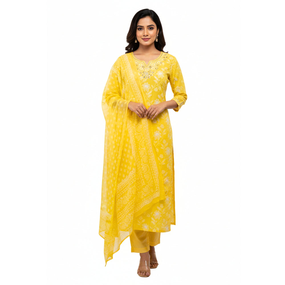 CraftEarth Women’s Ethnic Yellow Mirror Work Kurta with Bottom & Dupatta Set K-D142