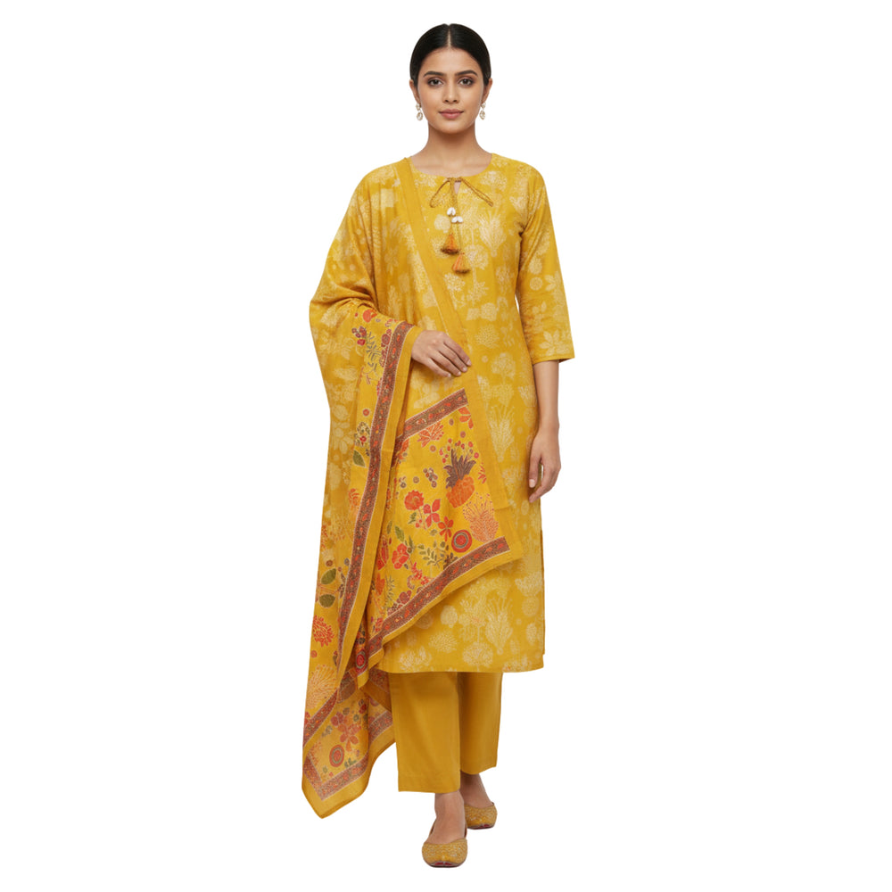 CraftEarth Women's Floral Yellow Suit Set with Dupatta K-D181