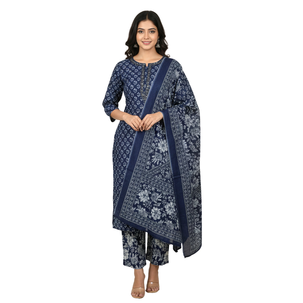 CraftEarth Women’s Navy Blue Hand Block Print Suit Set with Dupatta K-D197