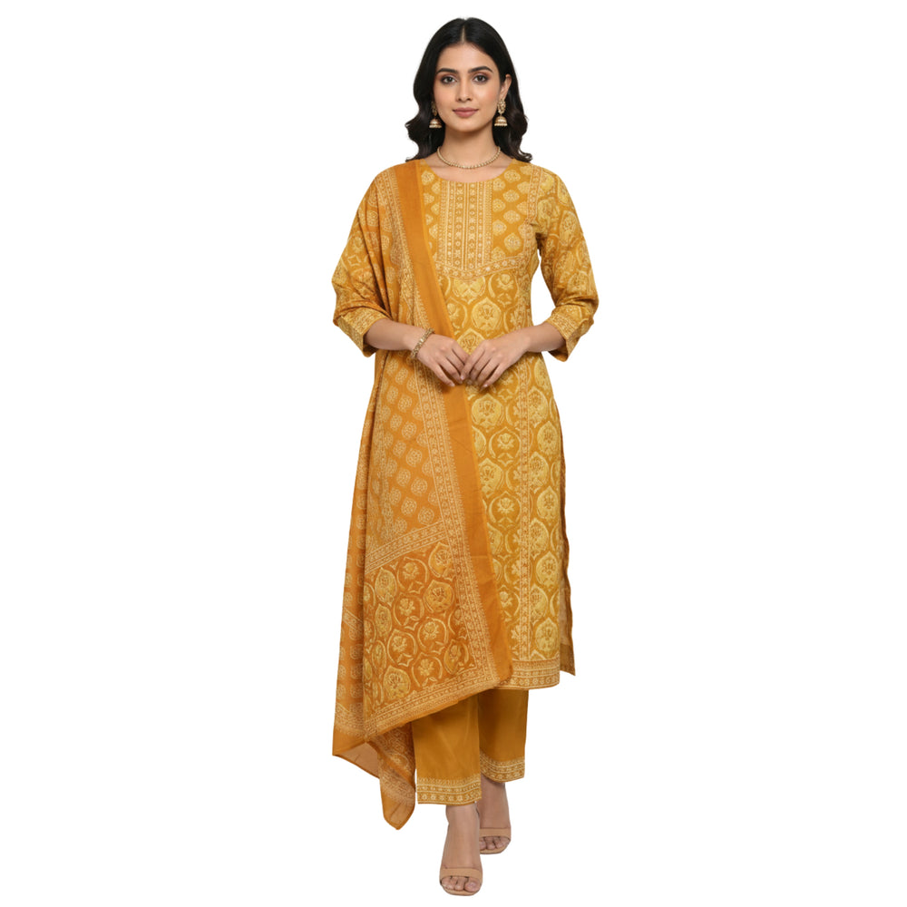 CraftEarth Women's Yellow Straight Cotton Suit Set with Dupatta K-D192