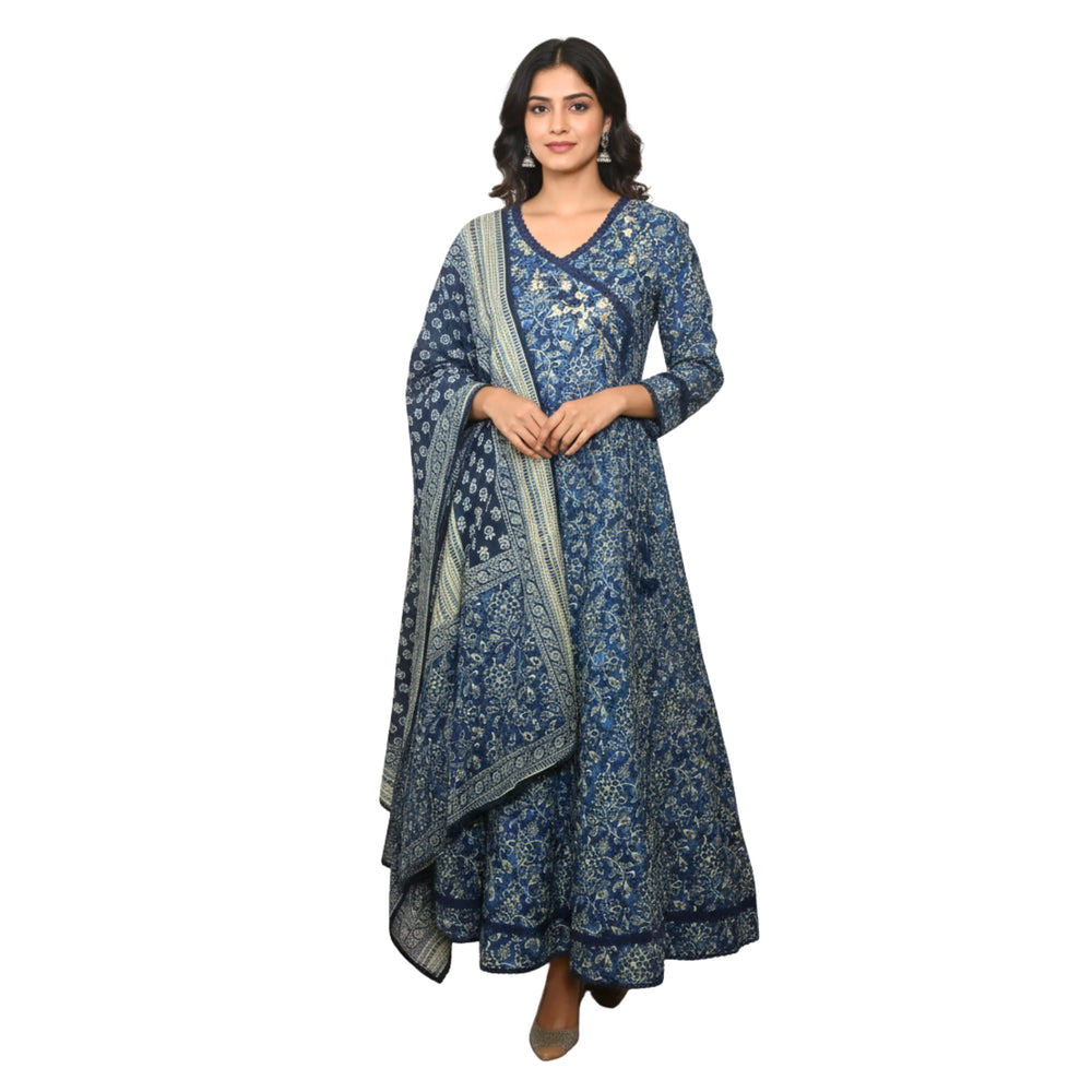 CraftEarth Women's Blue Angrakha Cotton Suit Set with Duptta - K-D193