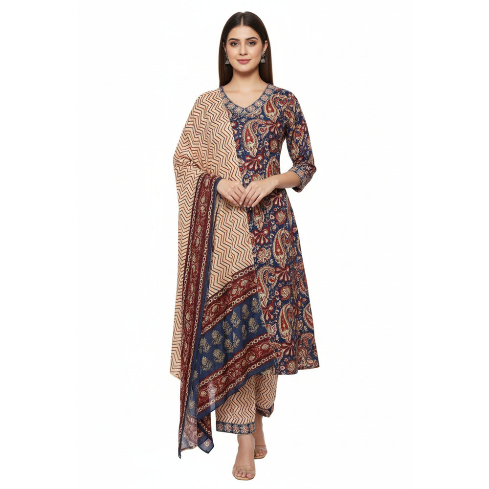 CraftEarth Kalamkari Printed Cotton Suit Set with Beige Dupatta - K-D196