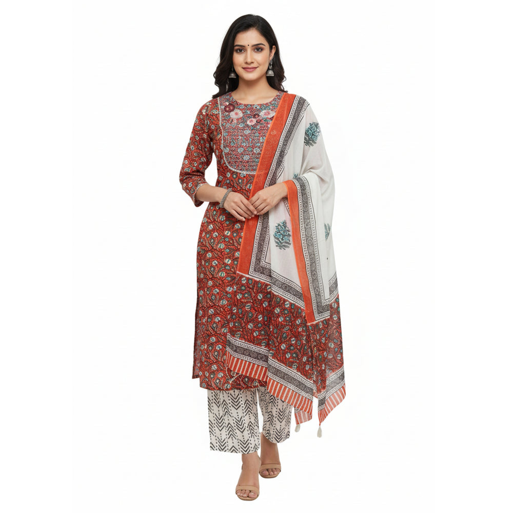 CraftEarth Floral Printed Cotton Suit Set with Dupatta for Women K-D179