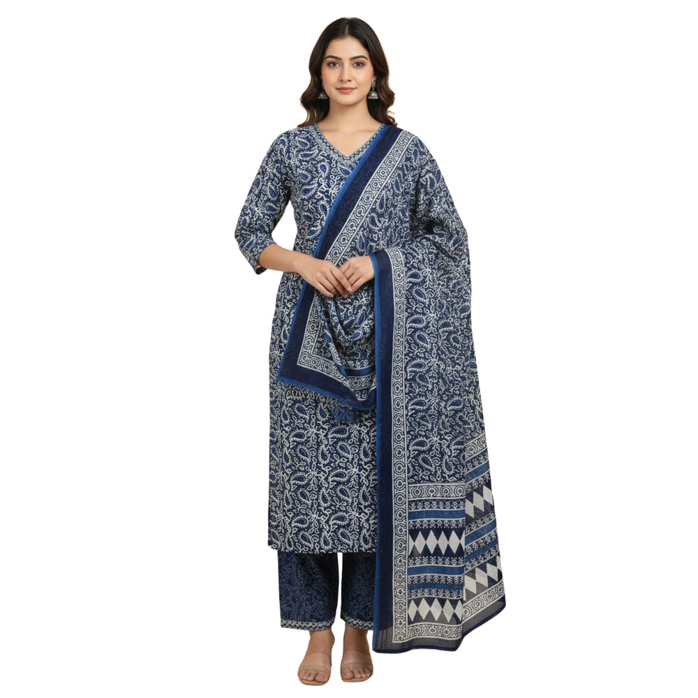 CraftEarth Blue Hand Block Printed Cotton Suit Sets with Dupatta - K-D198