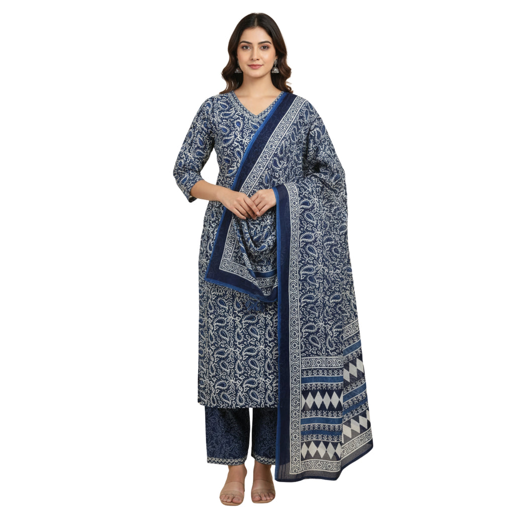 CraftEarth Blue Hand Block Printed Cotton Suit Sets with Dupatta - K-D198