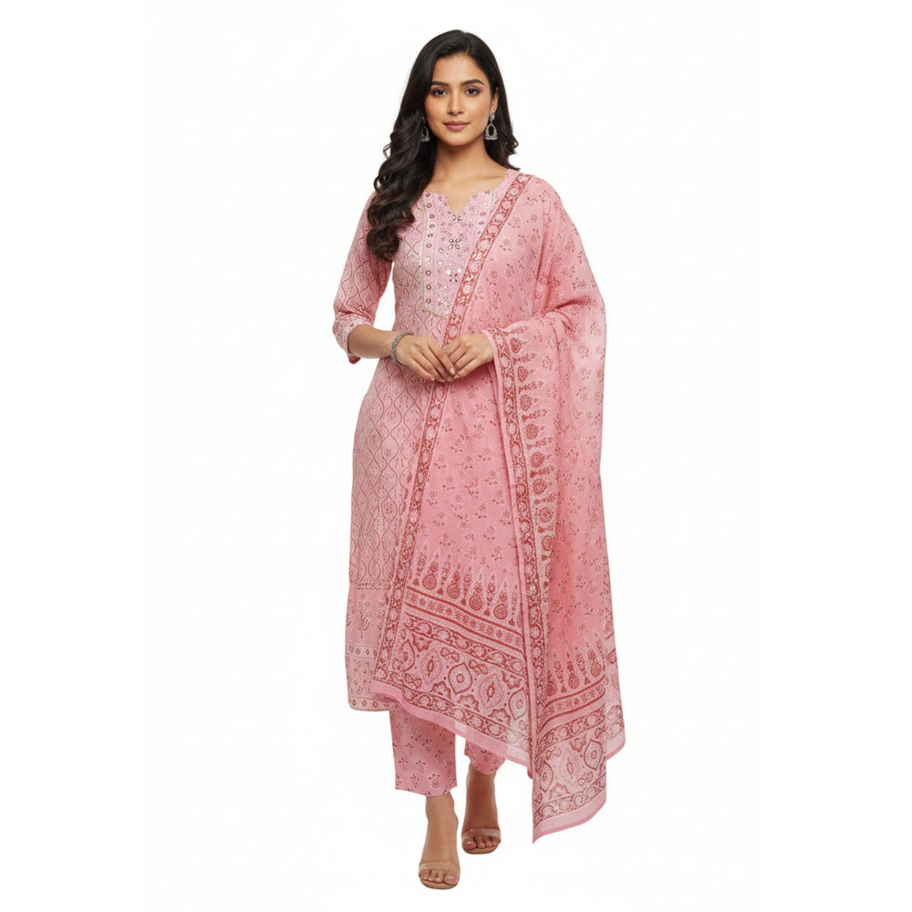 CraftEarth Women's Pink Floral Suit Set with Pant & Dupatta K-D183
