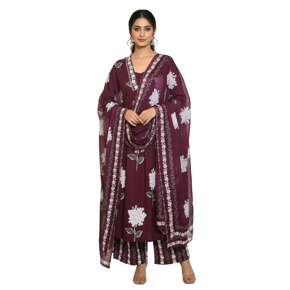 CraftEarth Wine Floral Printed Cotton Suit Sets with Matching Dupatta - K-D200