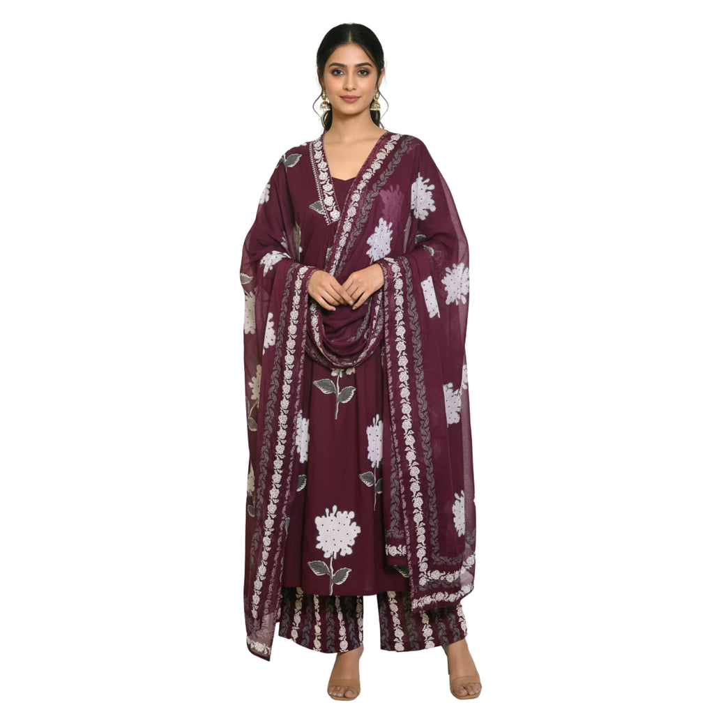 CraftEarth Wine Floral Printed Cotton Suit Sets with Matching Dupatta - K-D200