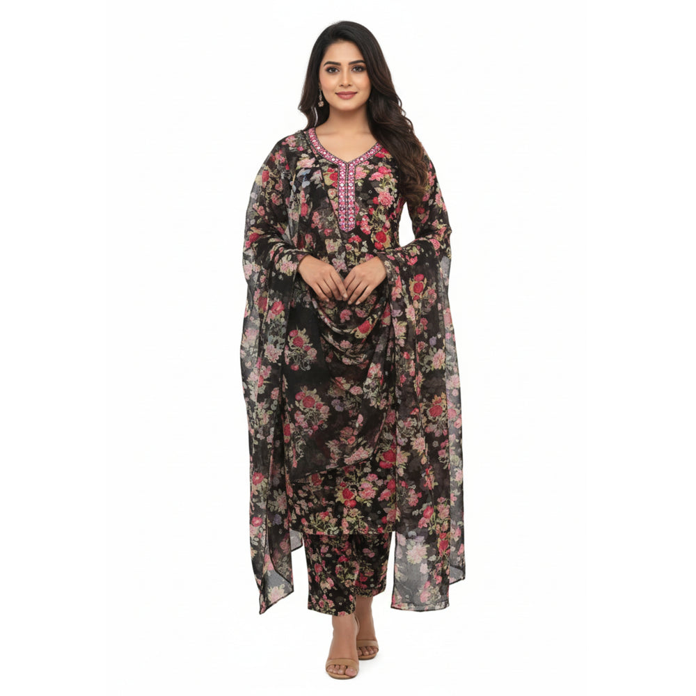 CraftEarth Women Floral Printed Black Suit Set with Dupatta K-D155