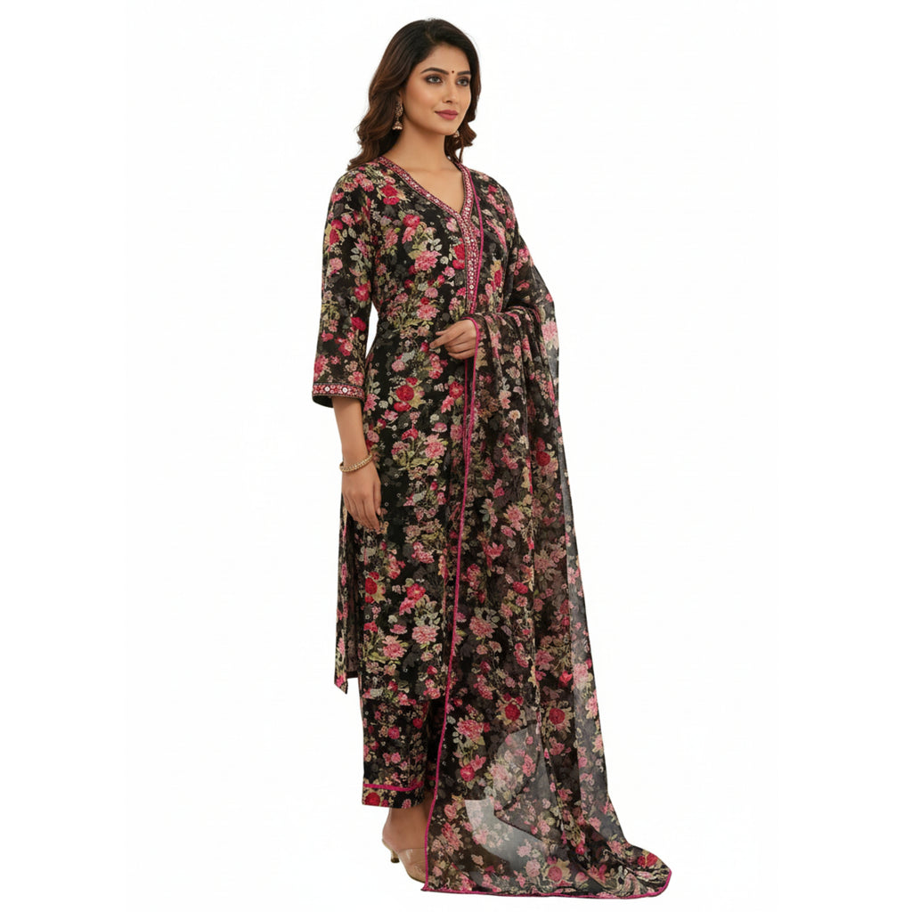 CraftEarth Women Floral Printed Black Suit Set with Dupatta K-D155