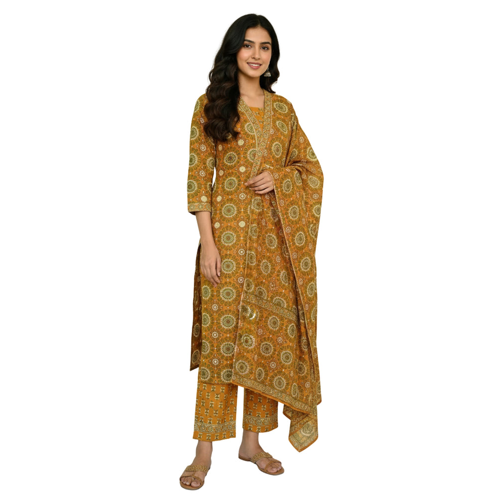 CraftEarth Mustard-Yellow Cotton Suit Sets with Dupatta for Women K-D137
