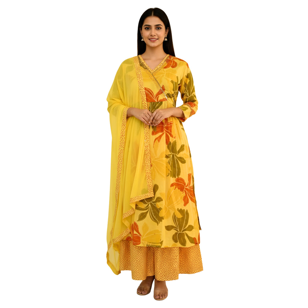 CraftEarth Women Floral Angrakha Suit Set with Dupatta K-D150