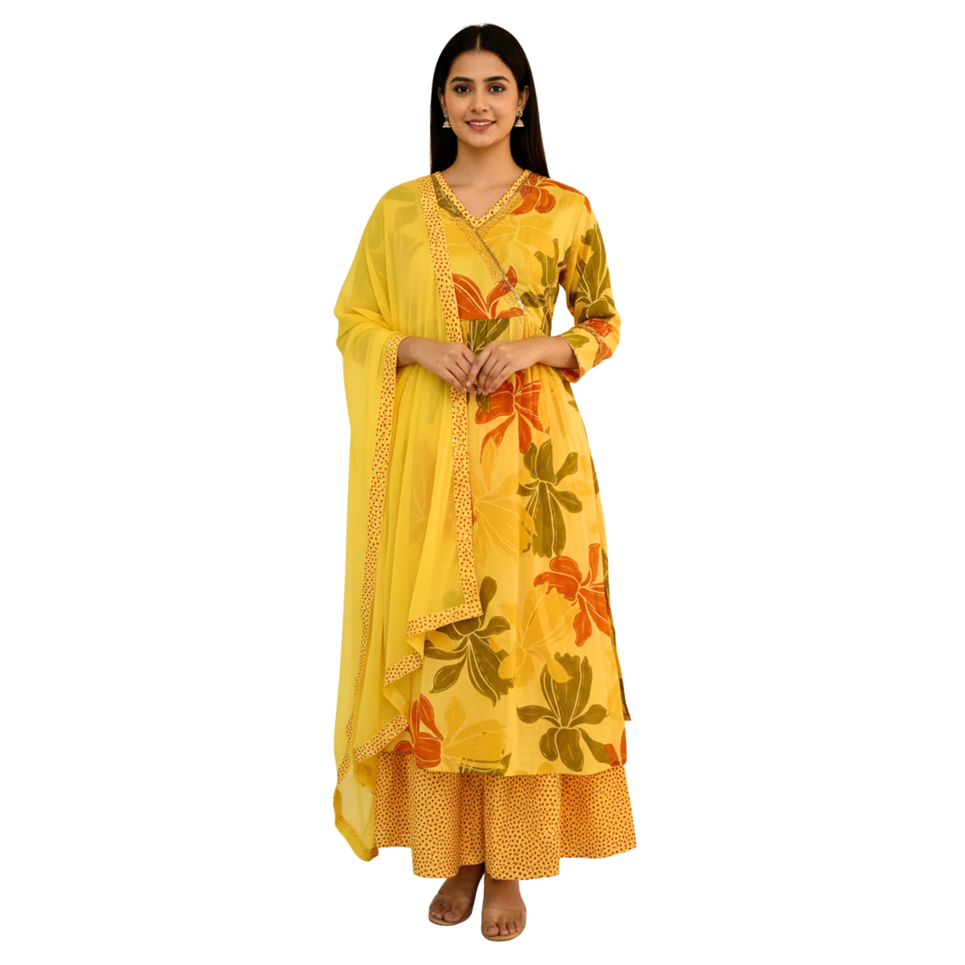 CraftEarth Women Floral Angrakha Suit Set with Dupatta K-D150