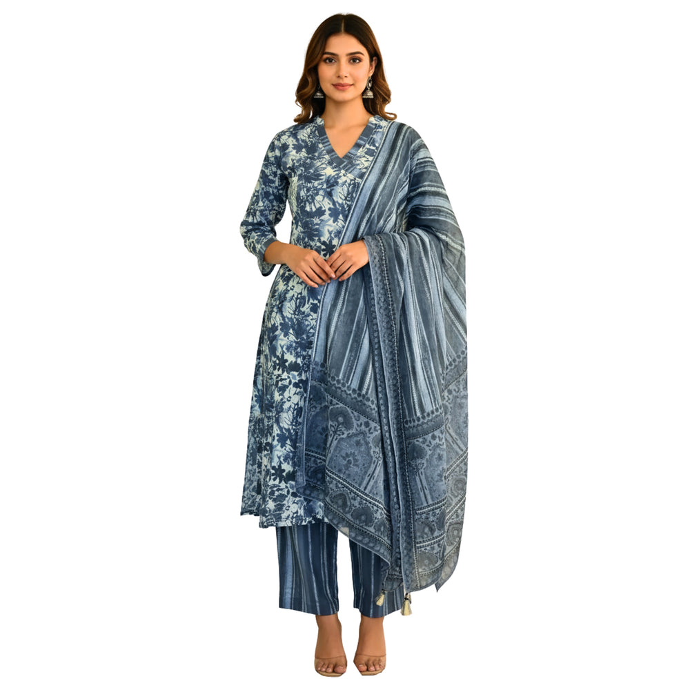 CraftEarth Women's Cotton Floral Printed Angrakha Kurta Pants with Dupatta Set K-D148