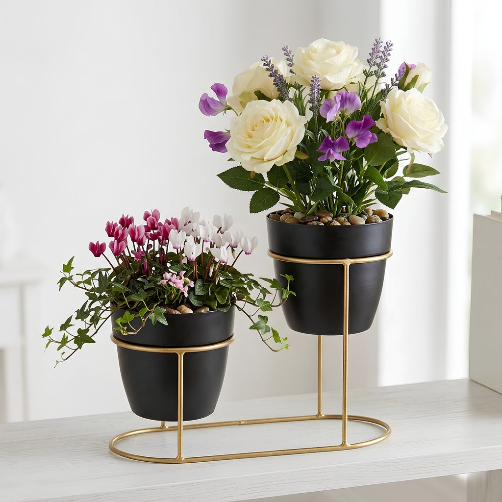 Modern Black & Gold Dual Planter Stand I-108-B