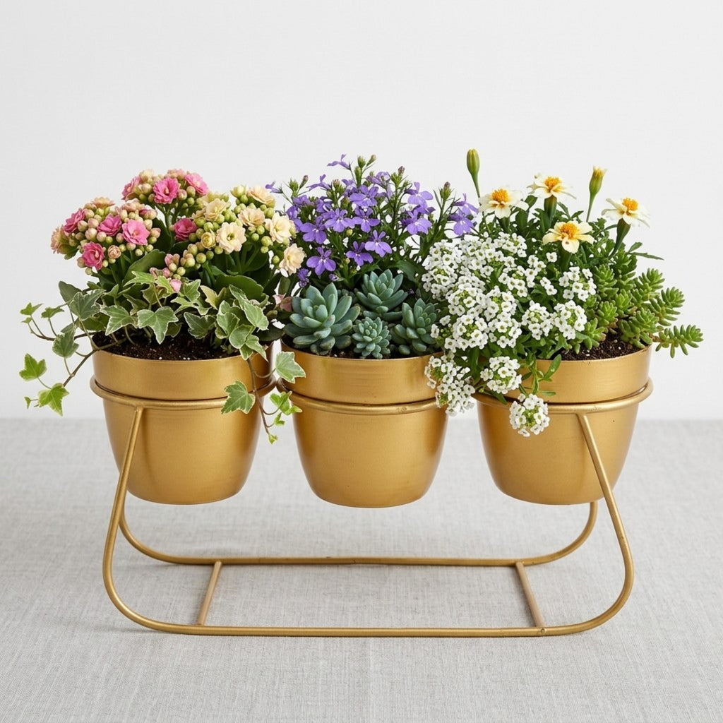 Triple Golden Planter with Stand for Indoor & Outdoor I-110-G
