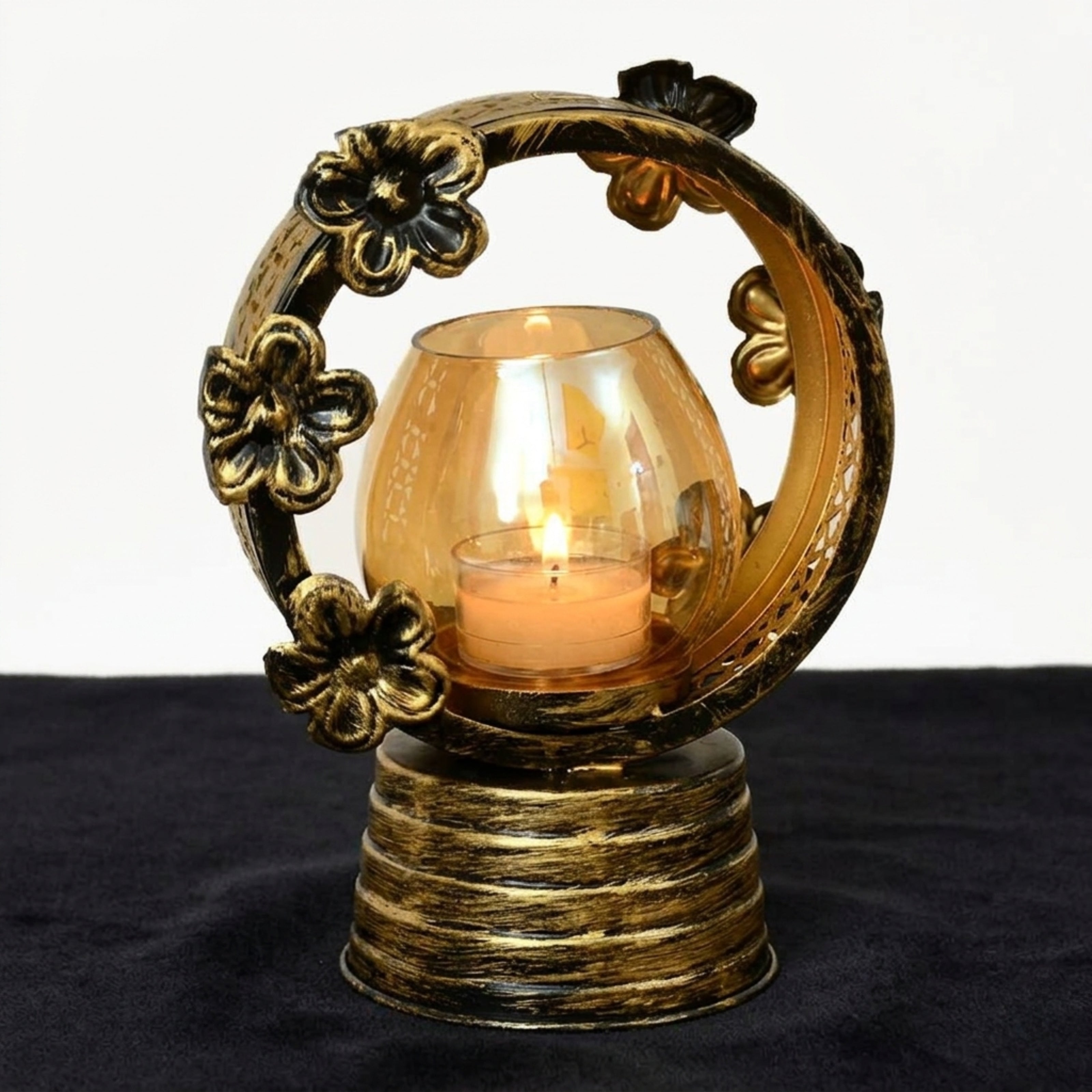 Antique Floral Ring Candle Holder with Golden Glass I-62-B