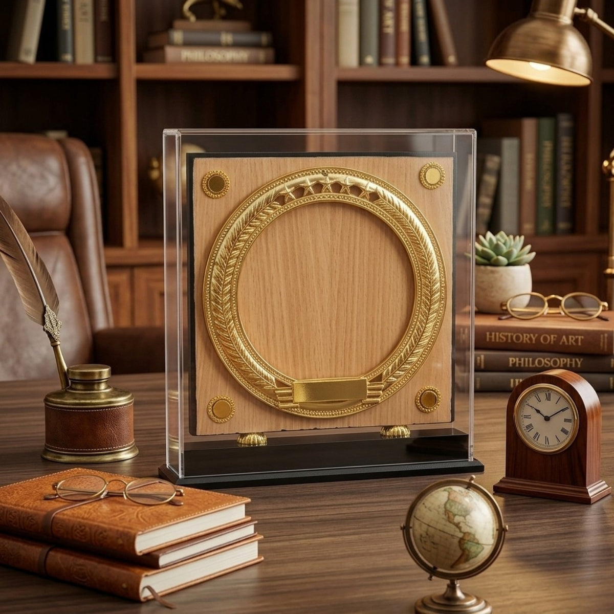 Elegant Wooden Memento in Acrylic Dustproof Case – Golden Circular Star Trophy for Recognition & Awards GC-M-536-A