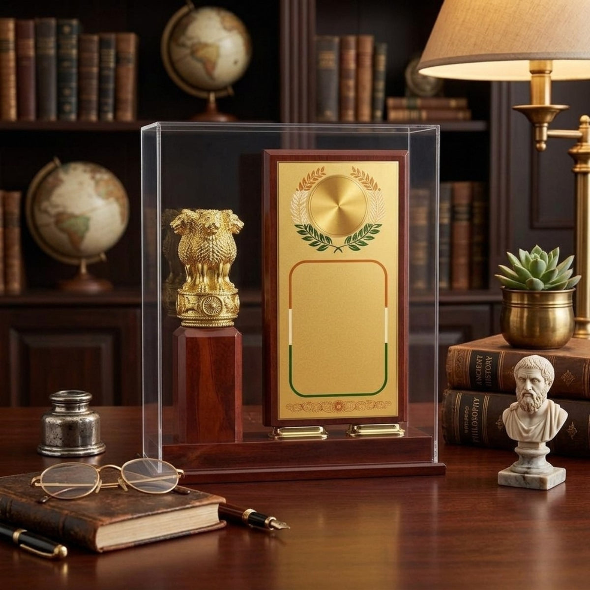 Premium Wooden Memento with Dual-Pillar Floating Plaque, Golden Ashoka Emblem, and Acrylic Display Case GC-M-615-A